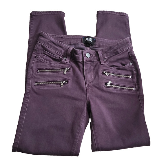 Paige Jeans Edgy Moto High Rise Ankle Skinny Jeans Double Zipper Sz 26 Mulberry - Picture 1 of 8